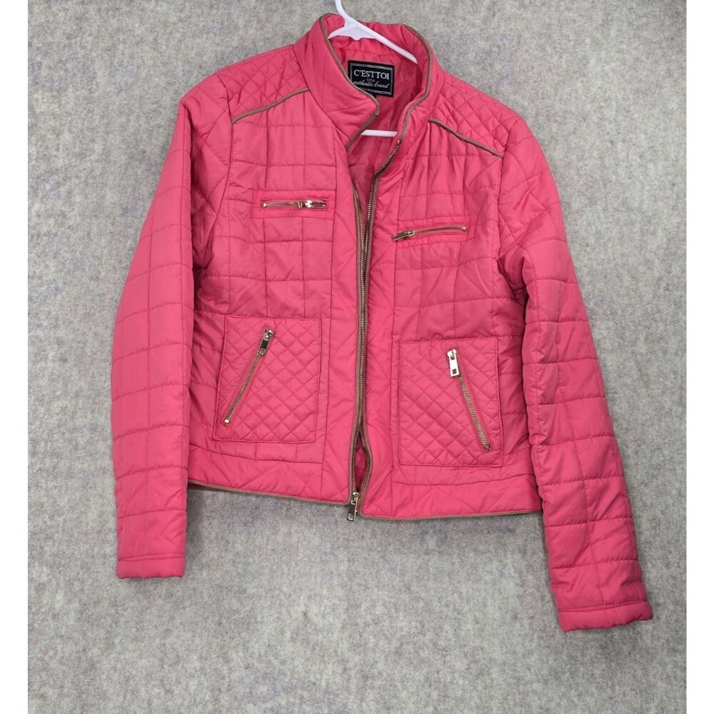 CEst Toi Womens Quilted Zip-Up Jacket Large Pink Polyester Lightweight Design